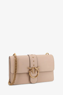 Pinko women’s love one beige leather crossbody bag with gold-tone chain strap and bird-shaped clasp