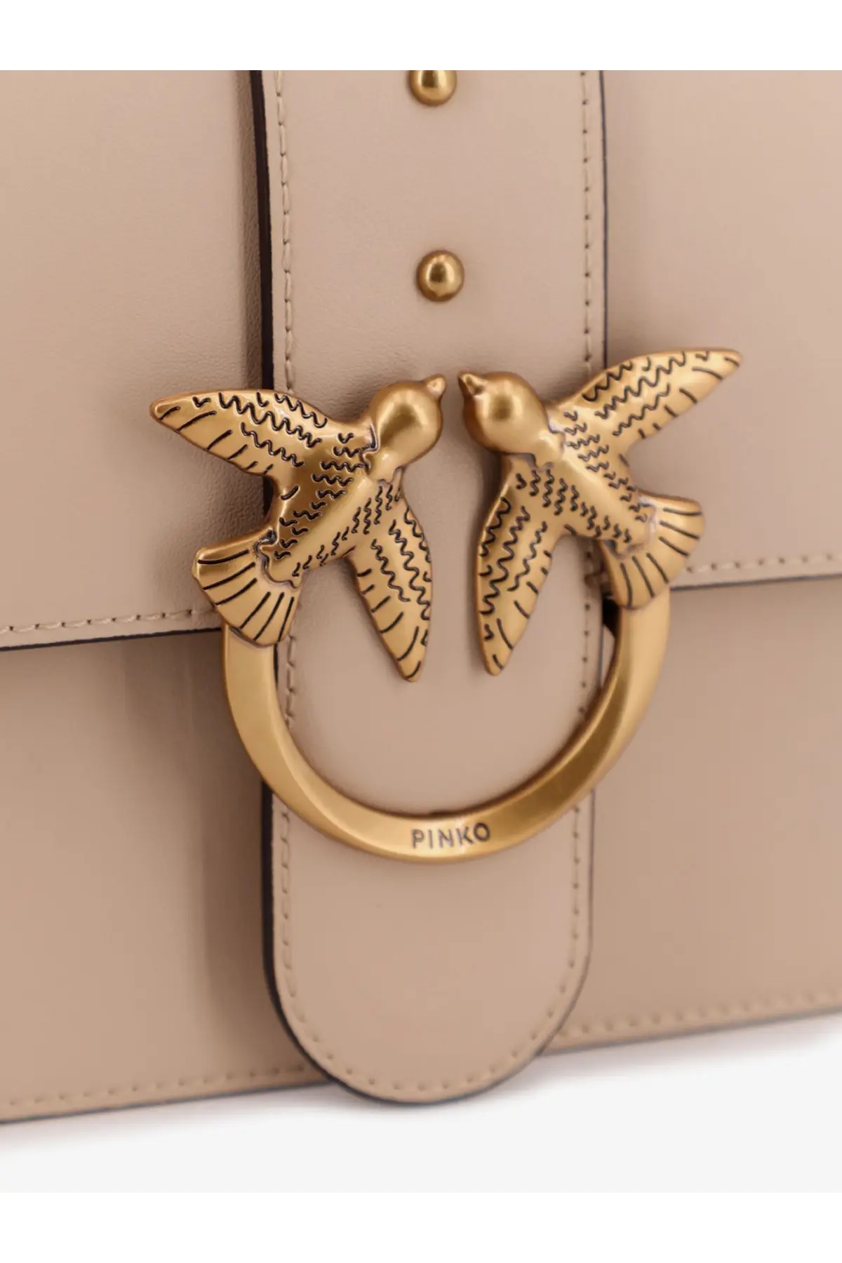 Beige leather pinko women’s love one crossbody bag with gold-tone metal clasp featuring two birds in flight