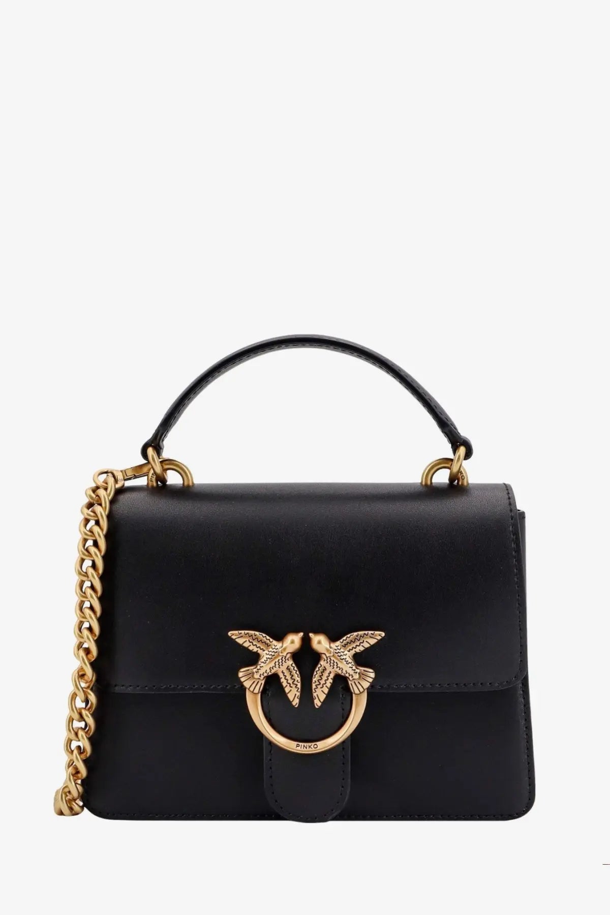 Pinko women’s love one black leather crossbody bag with gold-tone chain strap and bird-shaped clasp