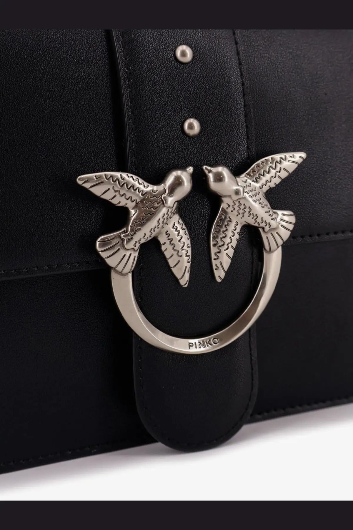 Pinko women’s love one black leather crossbody bag with silver-tone clasp featuring detailed birds in flight