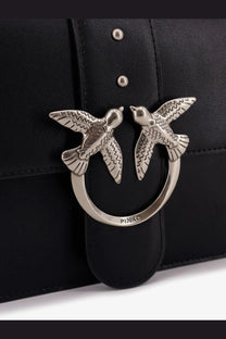 Pinko women’s love one black leather crossbody bag with silver-tone clasp featuring detailed birds in flight