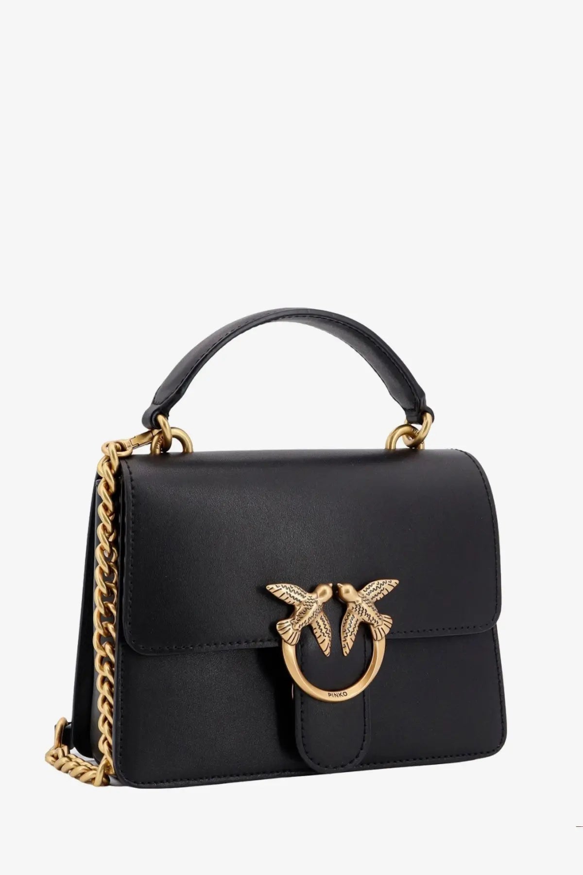 Pinko women’s love one black leather crossbody bag with gold-tone bird clasp and chain strap