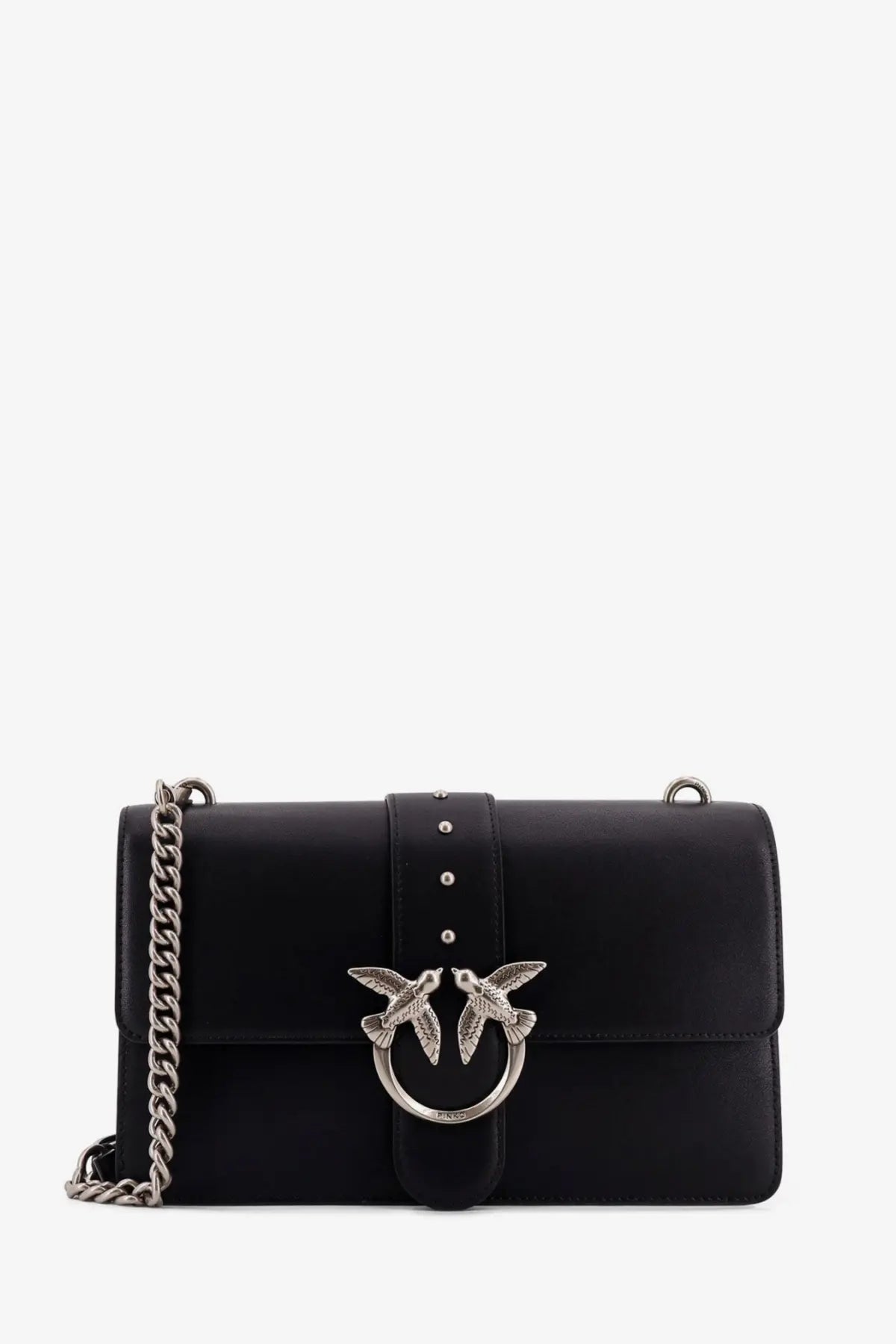 Pinko womens love one black leather crossbody bag with silver bird clasp and chain strap