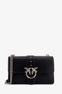 Pinko womens love one black leather crossbody bag with silver bird clasp and chain strap