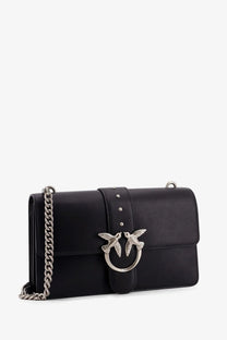 Pinko women’s love one black leather crossbody bag with silver-tone chain strap and bird-shaped clasp