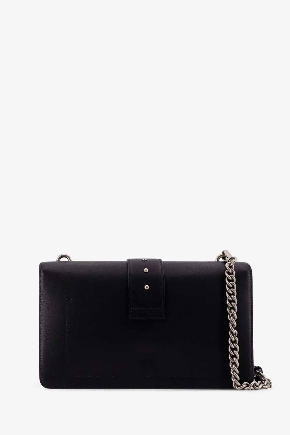 Pinko women’s love one black leather crossbody bag with silver chain strap and flap closure secured by two studs