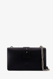 Pinko women’s love one black leather crossbody bag with silver chain strap and flap closure secured by two studs