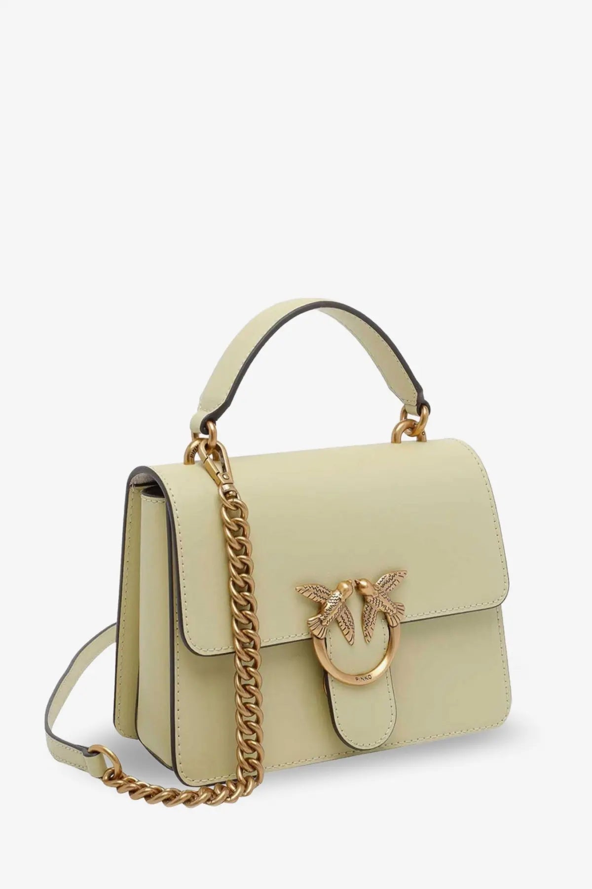 Pinko women’s Love One leather crossbody bag in pale green with gold-tone chain strap and bird-shaped clasp