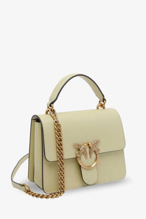 Pinko women’s Love One leather crossbody bag in pale green with gold-tone chain strap and bird-shaped clasp