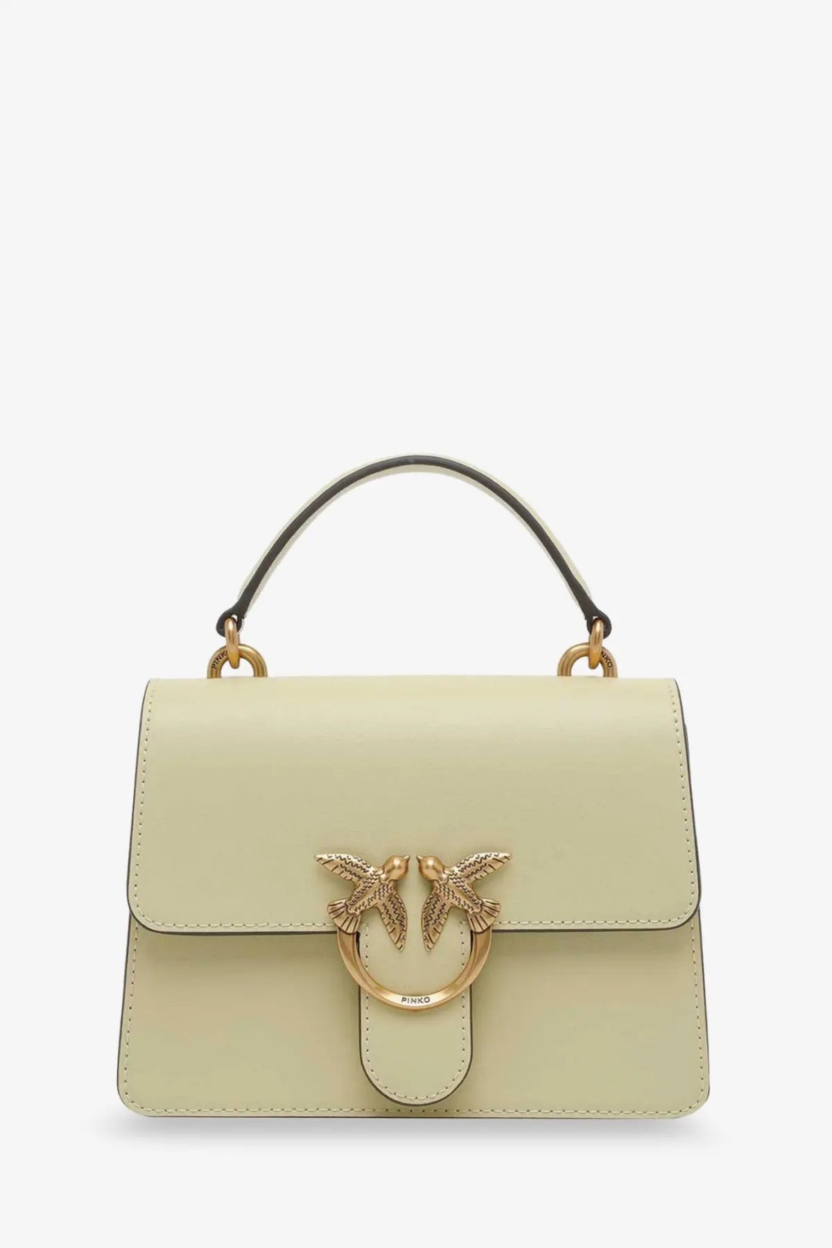 Pinko womens love one leather crossbody bag yellow with pale green leather, gold-tone bird clasp, and black handle