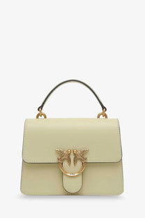 Pinko womens love one leather crossbody bag yellow with pale green leather, gold-tone bird clasp, and black handle