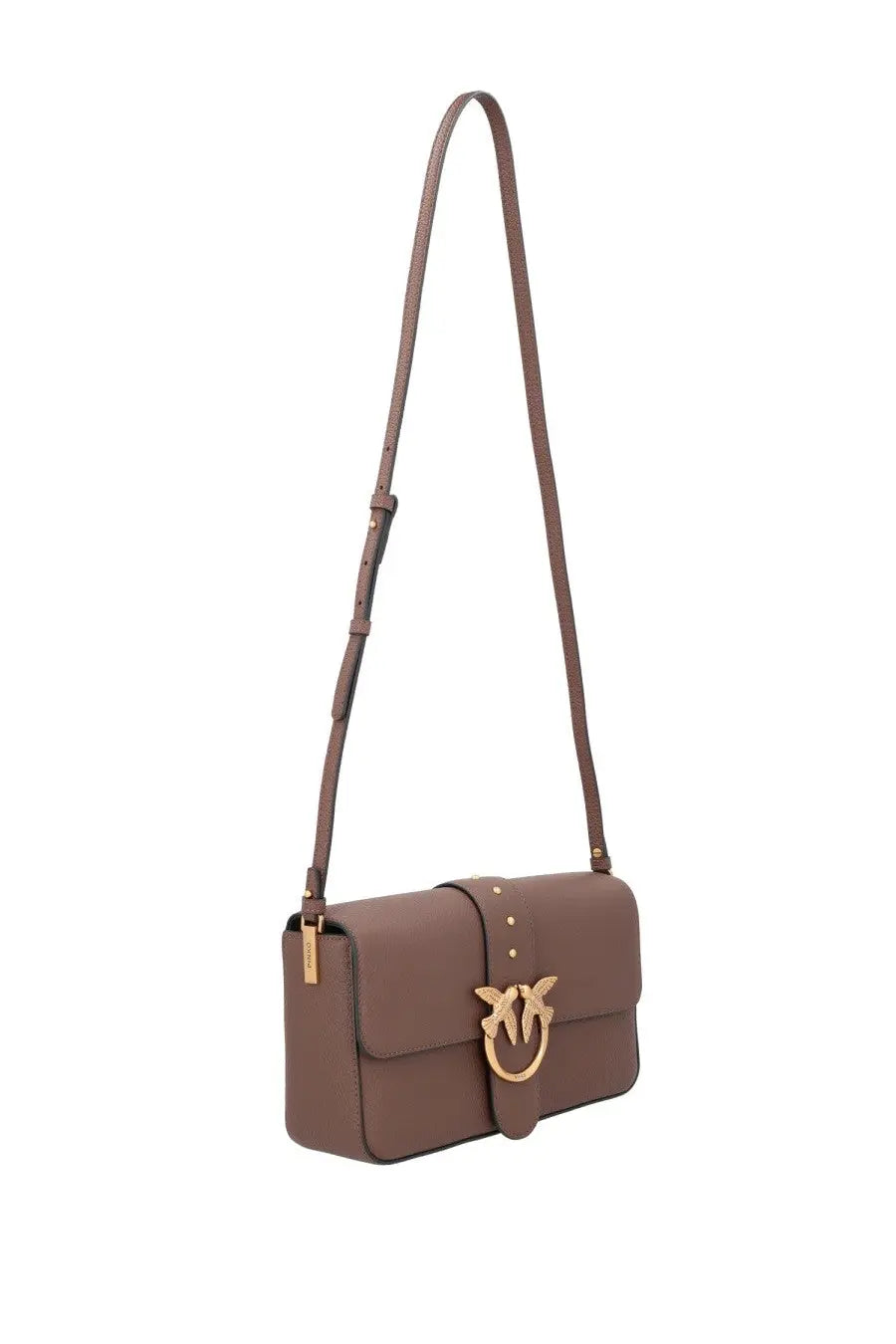 Pinko women’s love medium bag brown leather crossbody with gold-tone bird clasp and matching strap