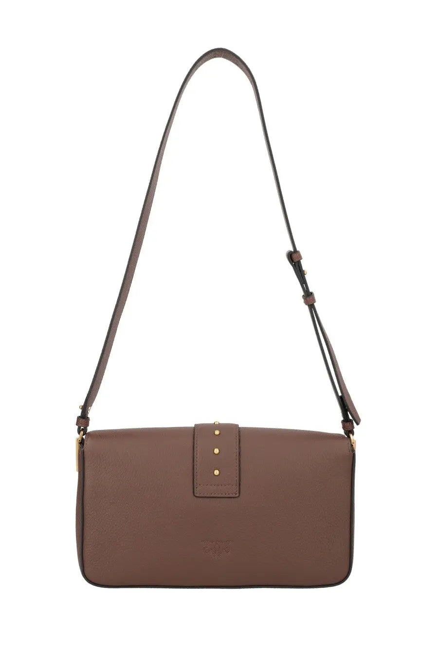 Pinko women’s love medium brown leather crossbody bag with gold-tone hardware and minimalist flap closure