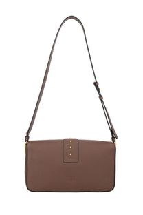 Pinko women’s love medium brown leather crossbody bag with gold-tone hardware and minimalist flap closure