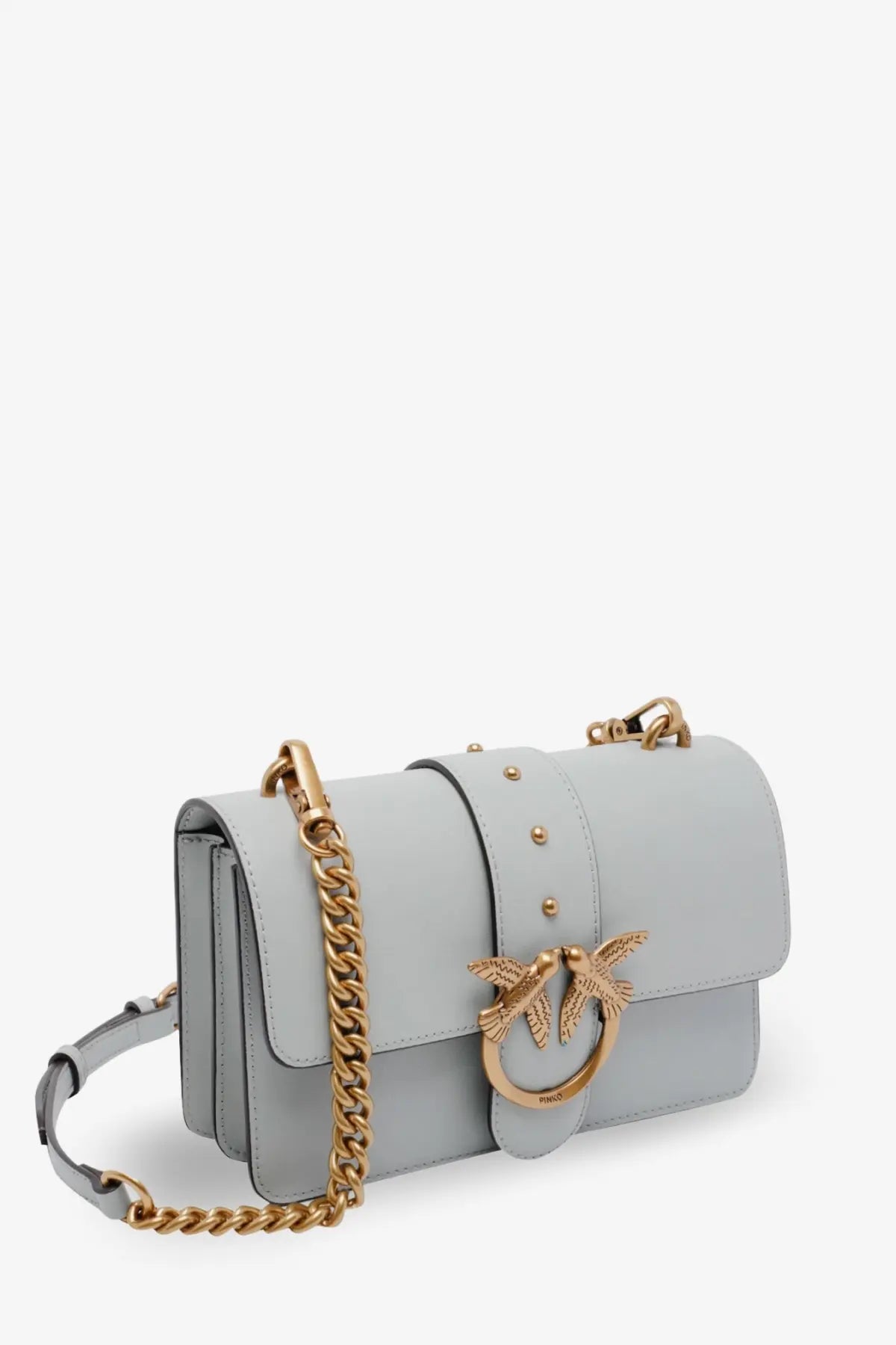 Pinko women’s love one mini leather crossbody bag grey with light gray leather, gold-tone chain strap, and bird clasp