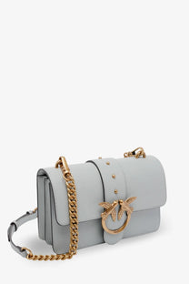 Pinko women’s love one mini leather crossbody bag grey with light gray leather, gold-tone chain strap, and bird clasp