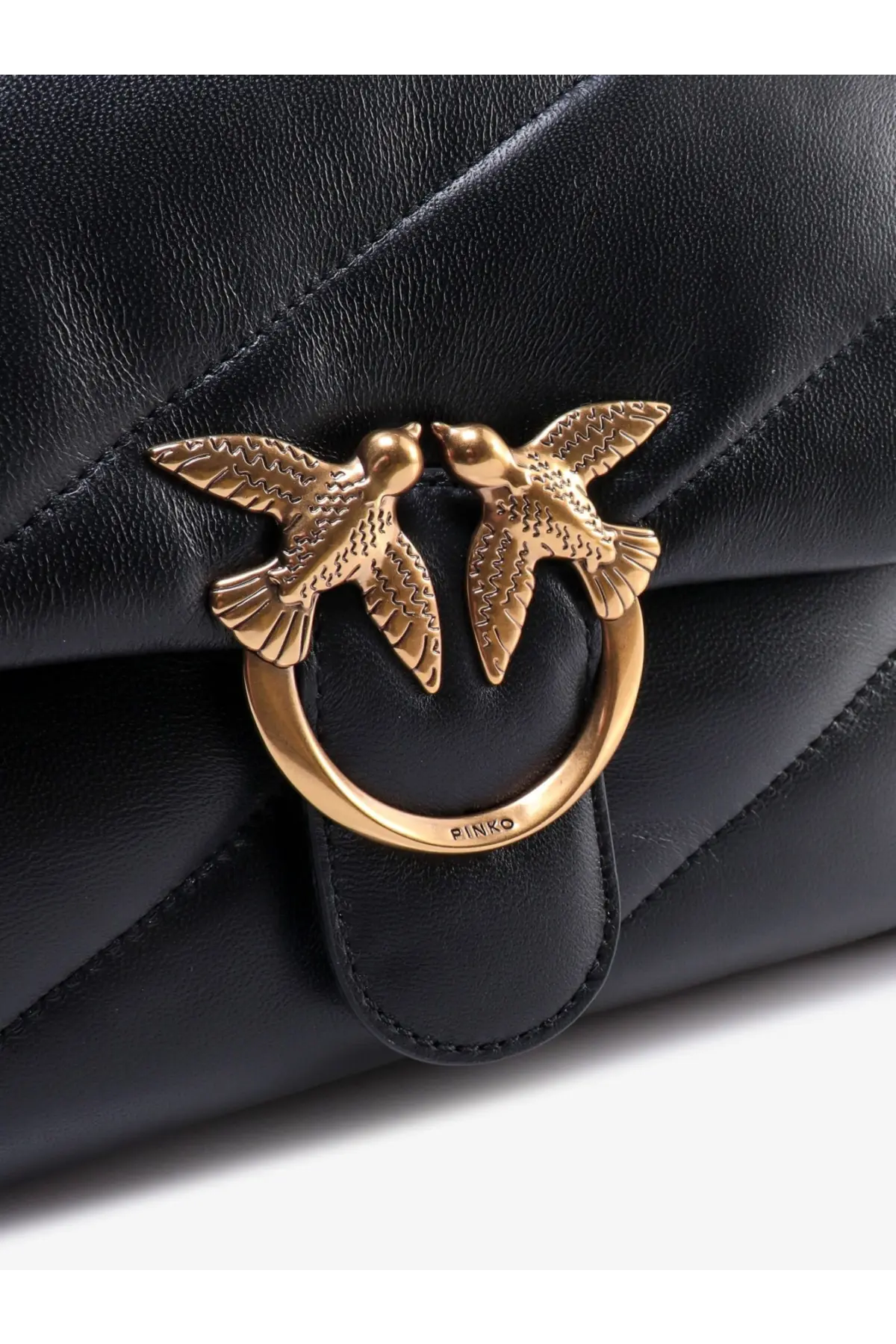 Pinko women’s love puff classic black quilted leather shoulder bag with gold metal clasp featuring interlocking birds