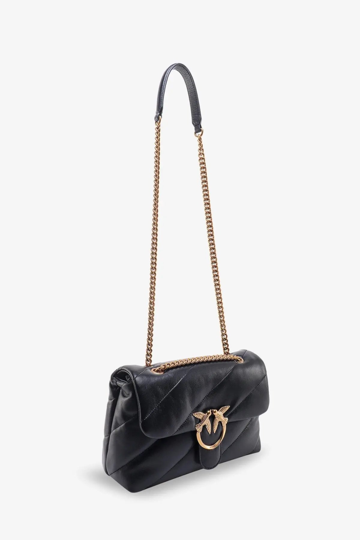 Pinko women’s love puff classic matelassé black quilted leather crossbody bag with gold chain and bird clasp