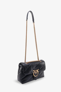 Pinko women’s love puff classic matelassé black quilted leather crossbody bag with gold chain and bird clasp
