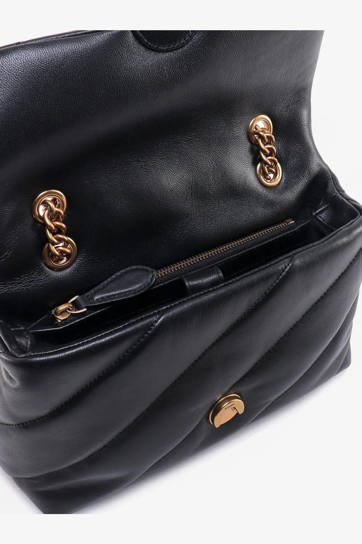 Pinko womens love puff classic matelassé black quilted leather shoulder bag with gold chain and zipper closure