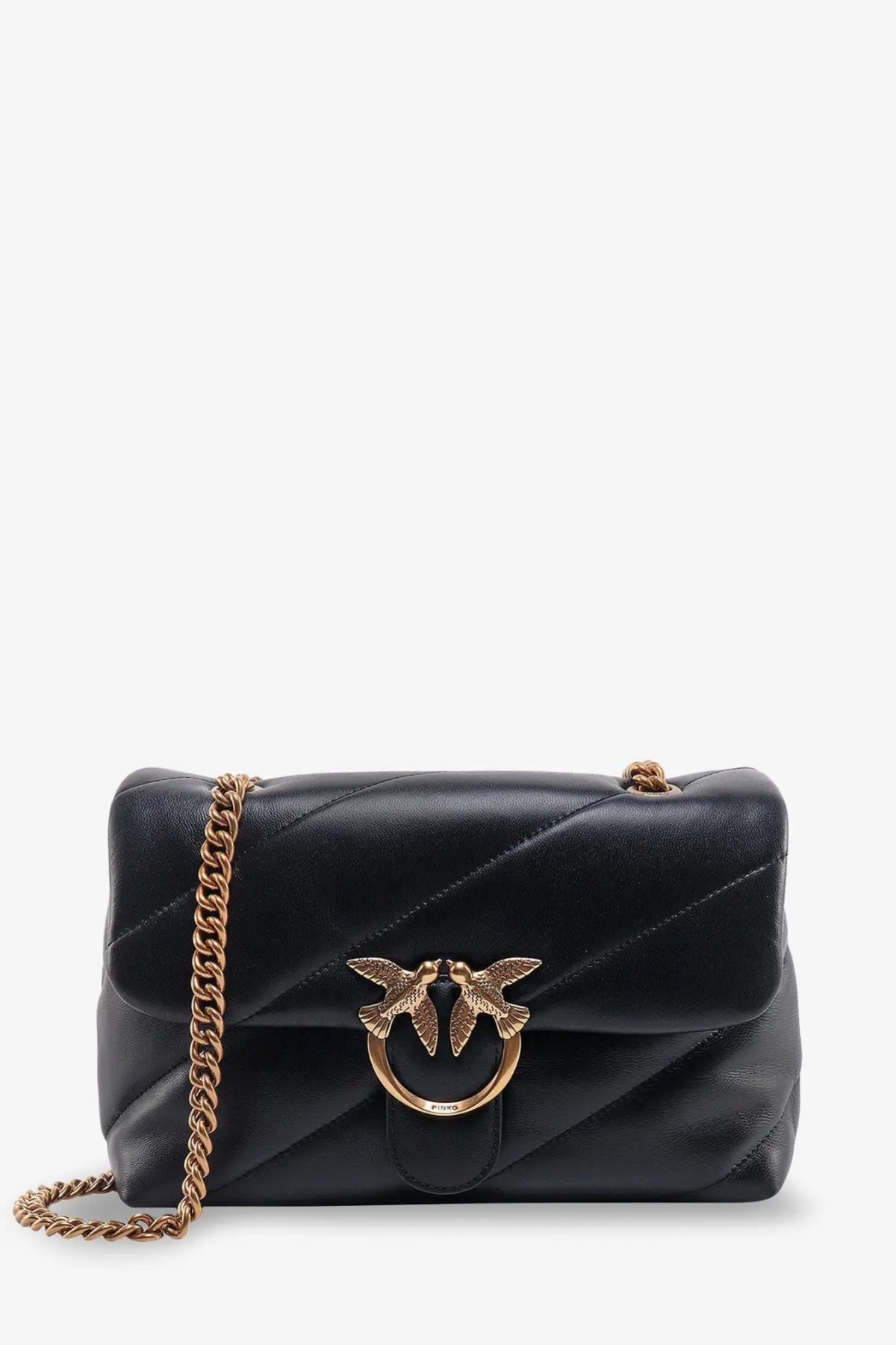 Pinko women’s love puff classic matelassé black leather crossbody bag with gold-tone chain strap and bird clasp