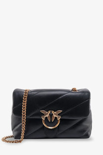 Pinko women’s love puff classic matelassé black leather crossbody bag with gold-tone chain strap and bird clasp