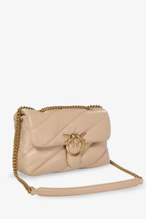 Beige quilted leather crossbody bag by Pinko with gold-tone chain strap and distinctive bird clasp in love puff style