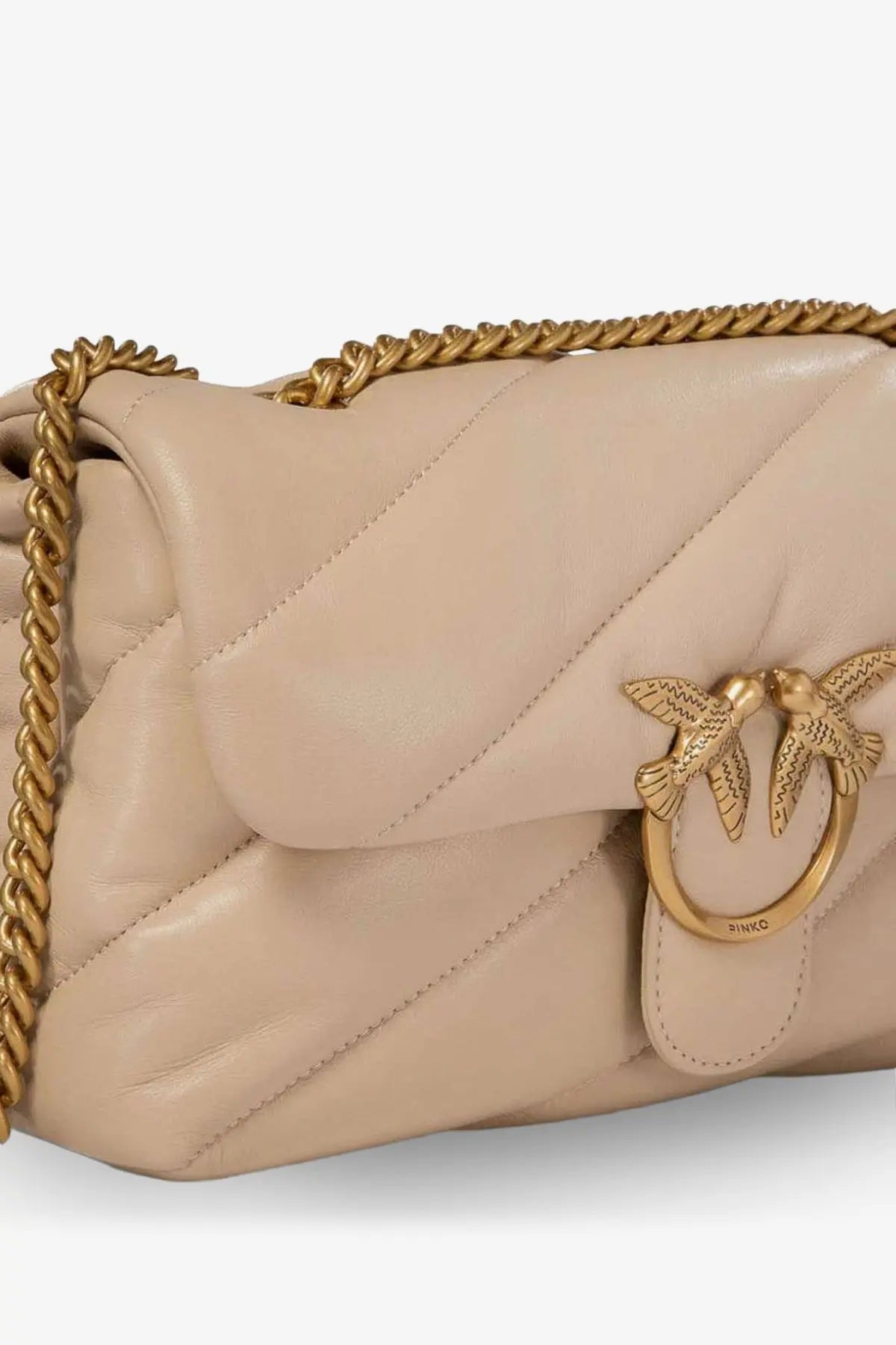 Beige quilted leather Pinko women’s love puff classic crossbody bag with gold-tone chain strap and iconic bird clasp