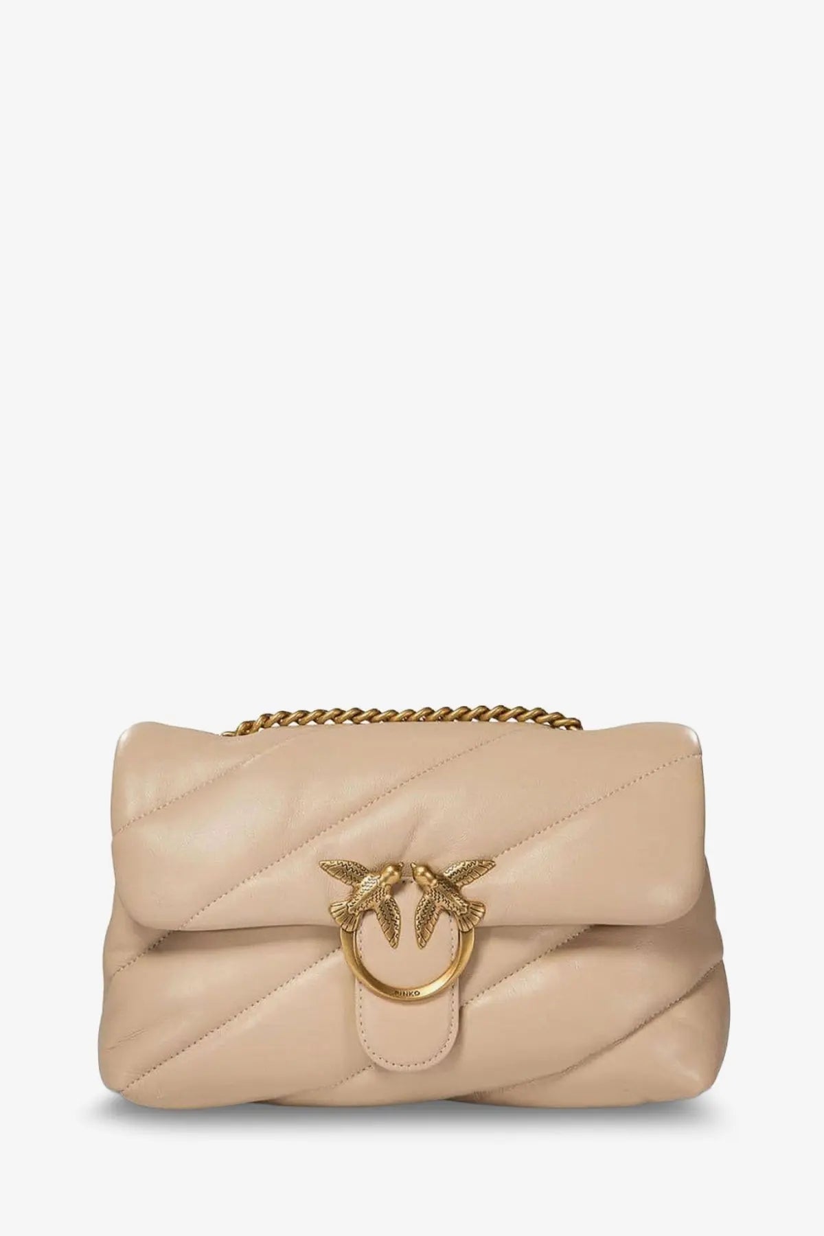 Pinko women’s love puff classic beige quilted leather crossbody bag with gold-tone bird clasp and chain strap