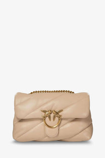 Pinko women’s love puff classic beige quilted leather crossbody bag with gold-tone bird clasp and chain strap
