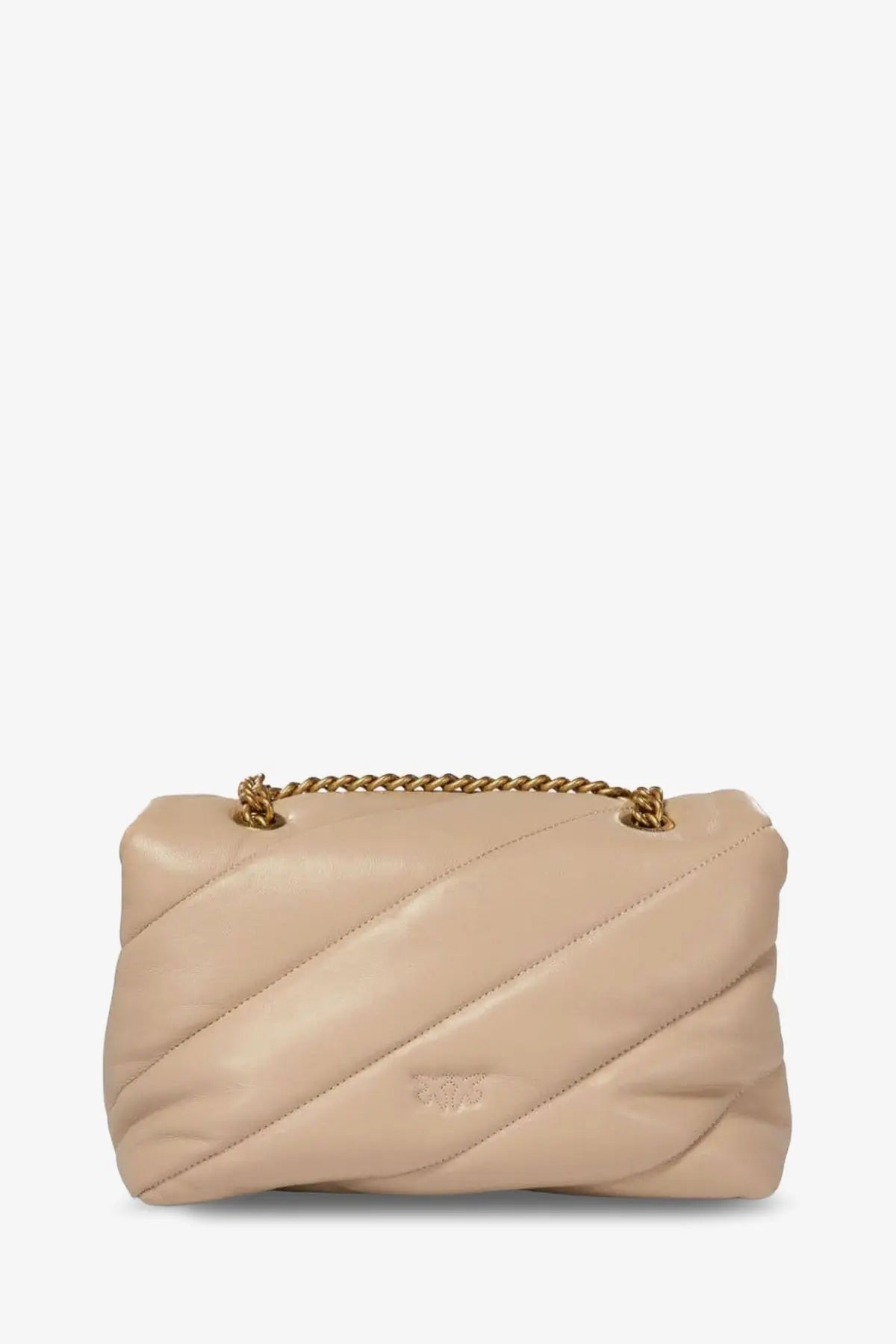 Pinko women’s love puff classic beige quilted leather crossbody bag with gold-tone chain strap and embossed logo