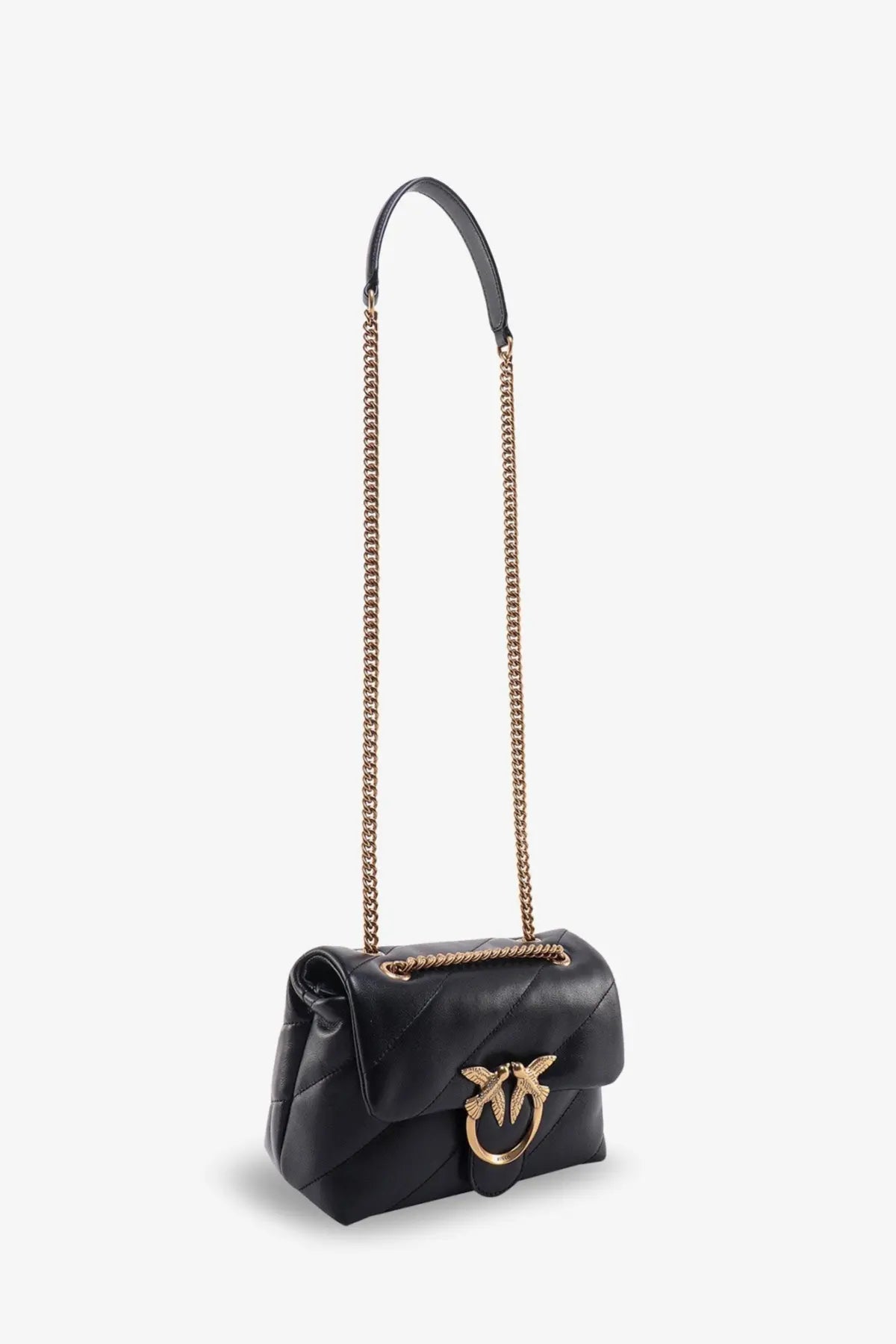 Pinko women’s love puff mini matelassé black leather crossbody bag with quilted design gold chain strap bird clasp