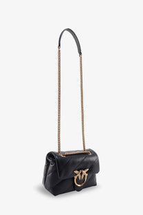 Pinko women’s love puff mini matelassé black leather crossbody bag with quilted design gold chain strap bird clasp