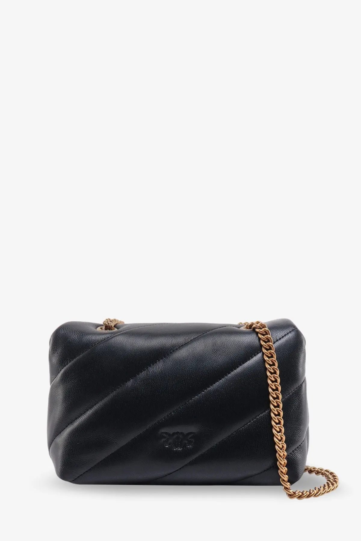 Black quilted leather Pinko Love Puff mini matelassé crossbody bag with gold-tone chain strap and embossed logo