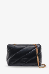 Black quilted leather Pinko Love Puff mini matelassé crossbody bag with gold-tone chain strap and embossed logo