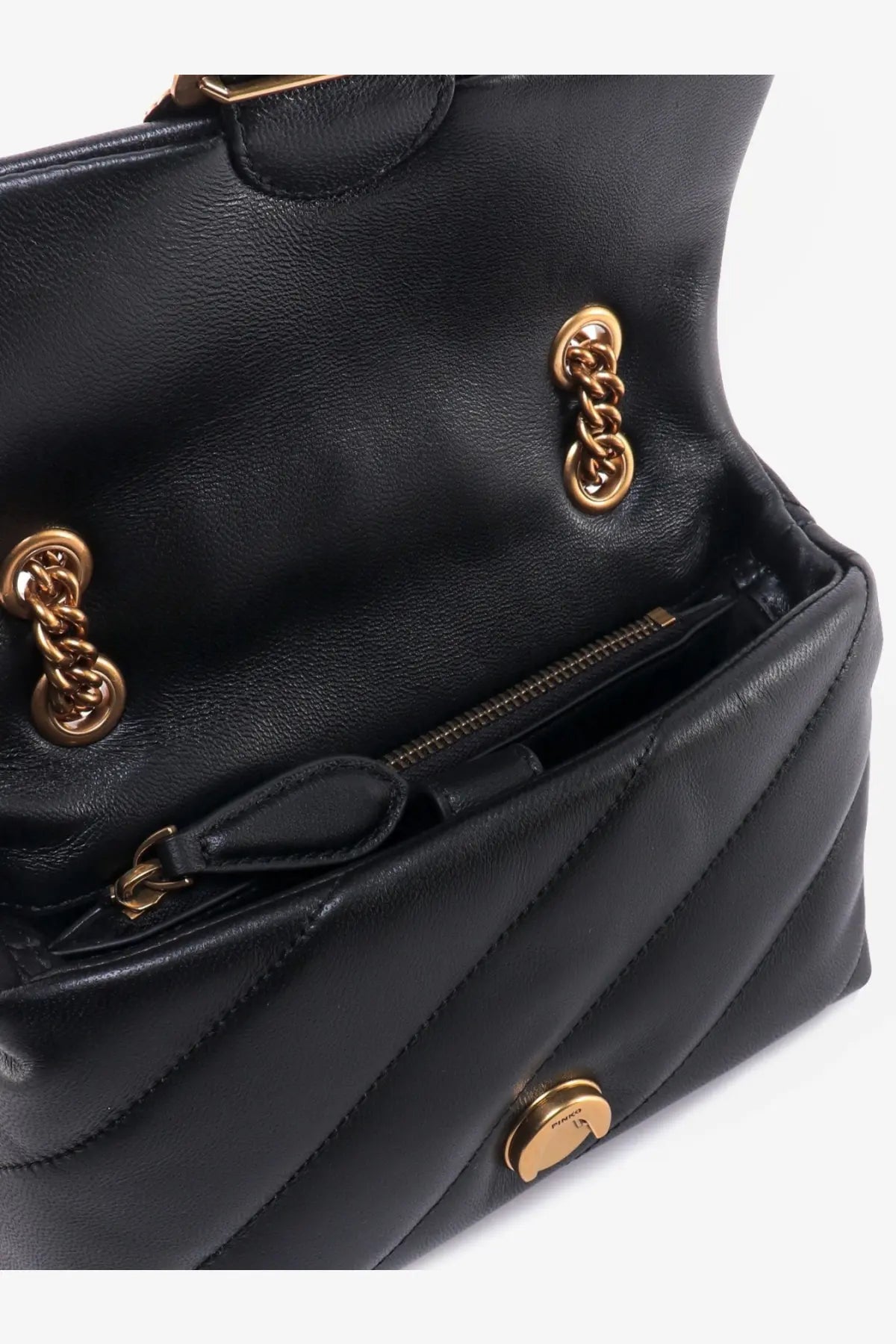 Pinko women’s love puff mini black quilted leather shoulder bag with gold-tone chain hardware and front flap closure