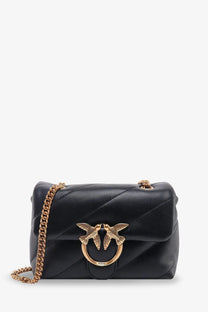 Pinko womens love puff mini black quilted leather crossbody bag with gold-tone bird clasp and chain strap
