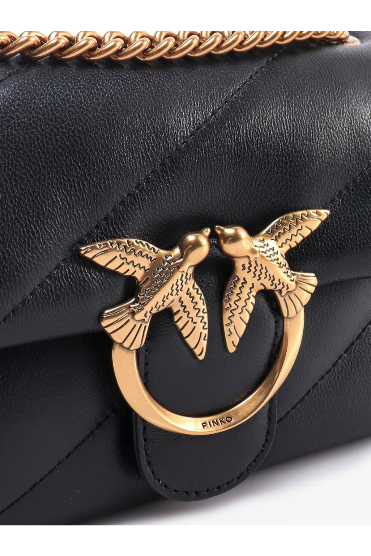 Pinko women’s love puff mini matelassé black leather shoulder bag with quilted texture and gold bird clasp