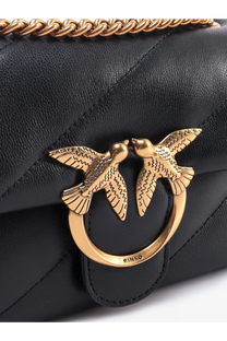 Pinko women’s love puff mini matelassé black leather shoulder bag with quilted texture and gold bird clasp