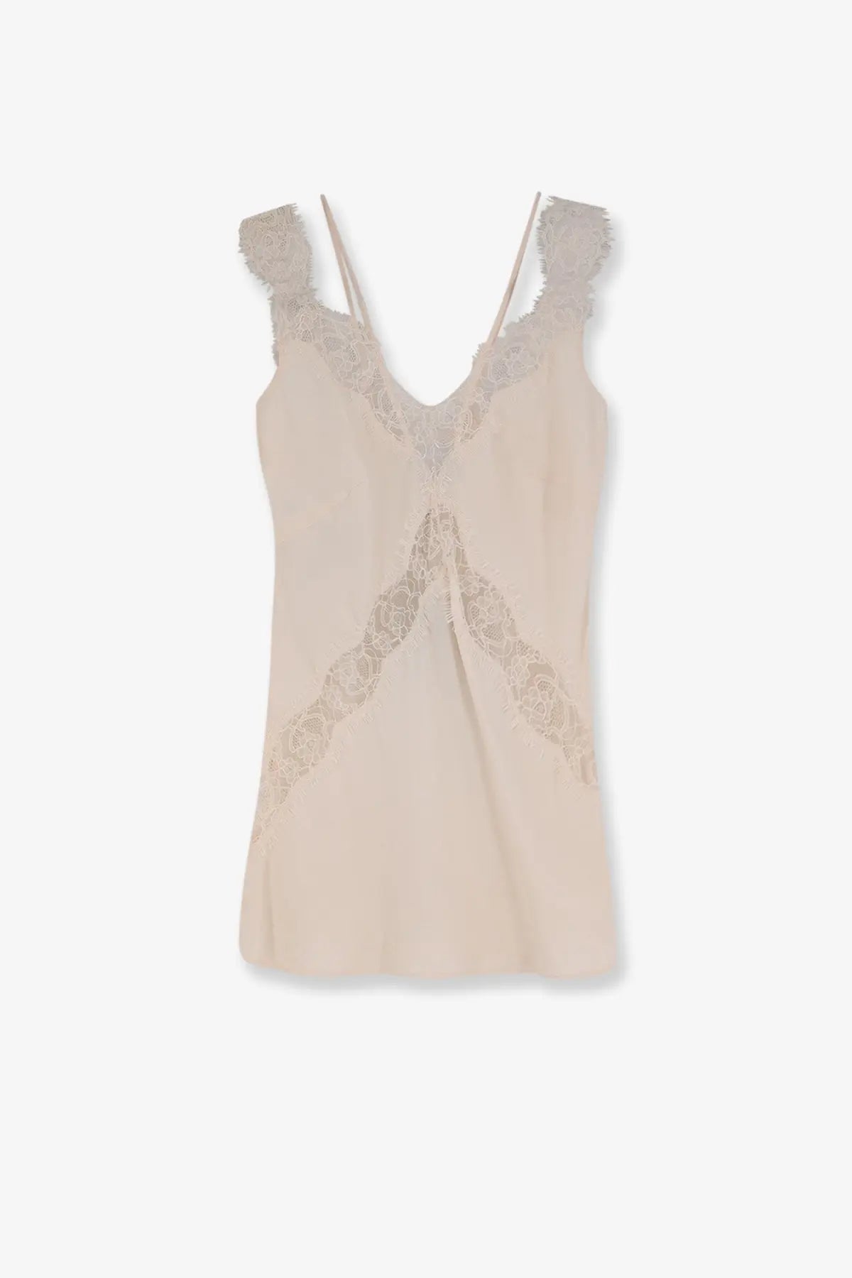 Pinko women’s lydia satin top in beige with delicate lace trim and ruffled shoulder details