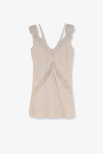 Pinko women’s lydia satin top in beige with delicate lace trim and ruffled shoulder details