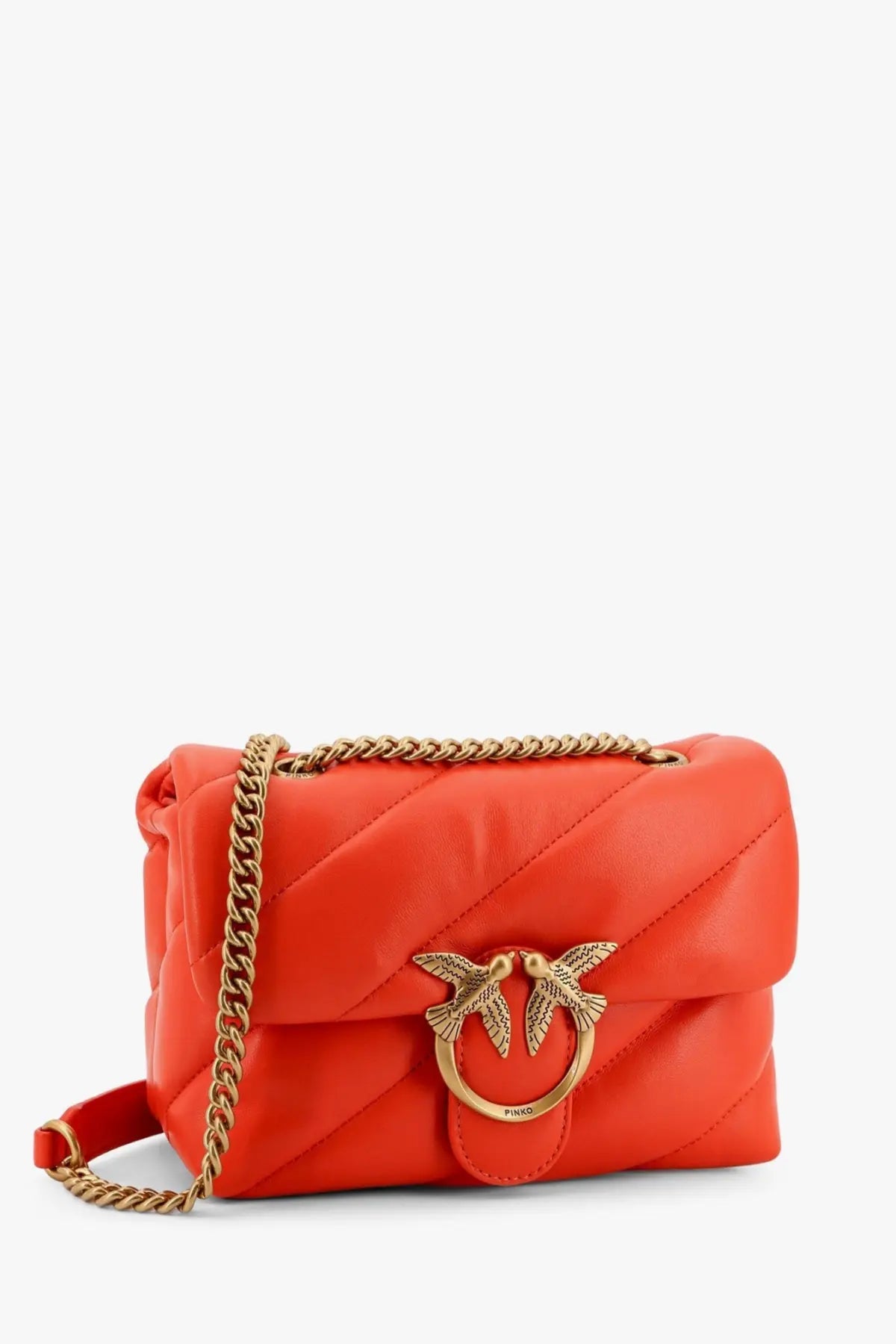 Pinko women’s vibrant orange quilted leather crossbody bag with gold-tone chain strap and iconic bird clasp