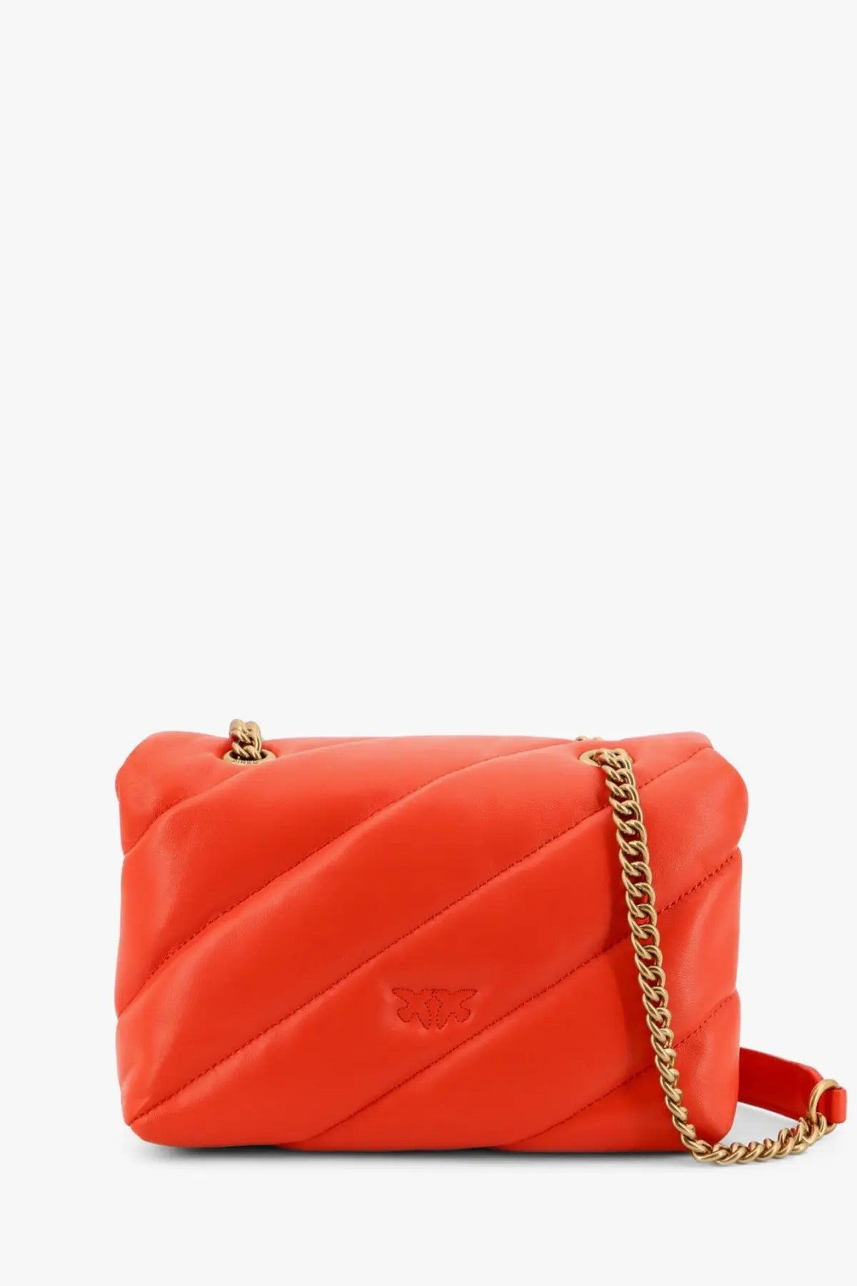 Pinko women’s matelassé leather shoulder bag in vibrant orange with quilted design and gold-tone chain strap with red pad