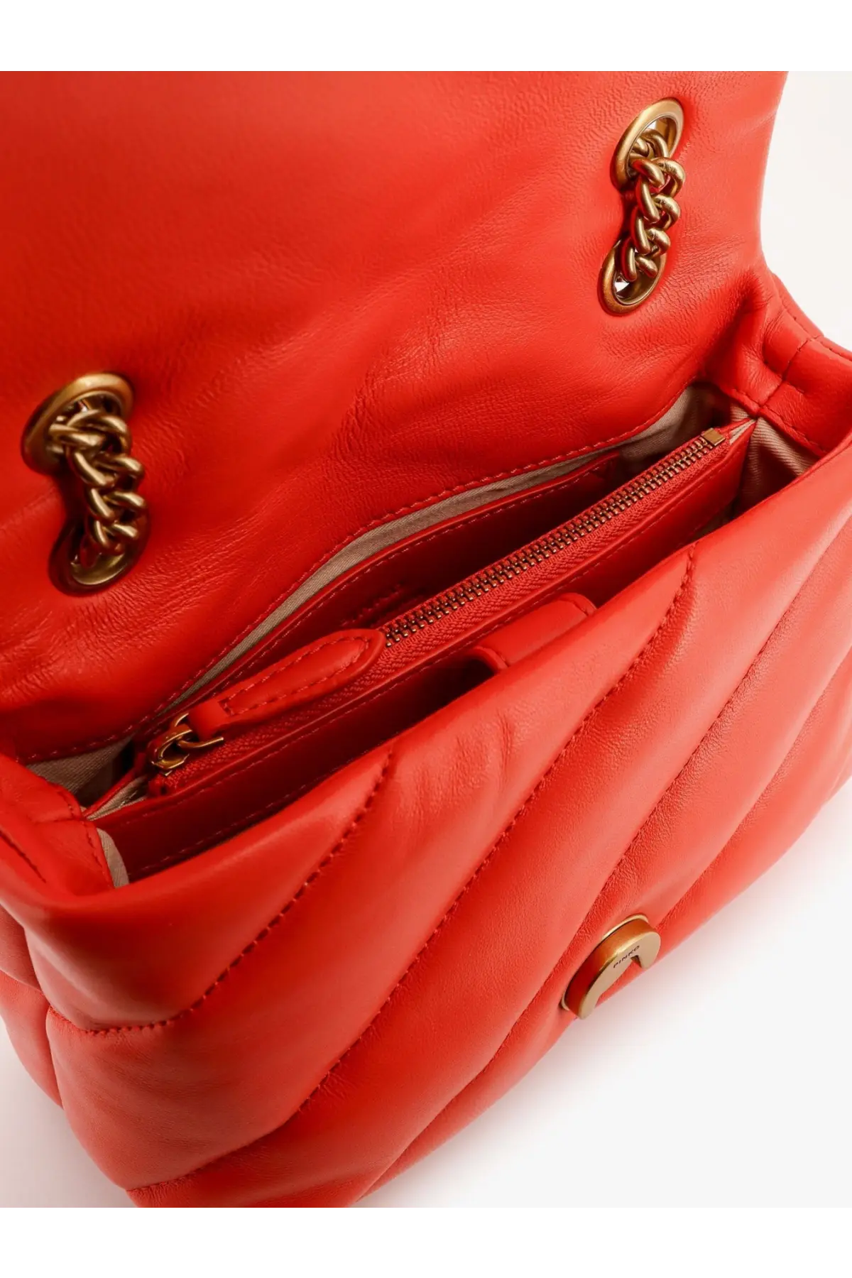 Vibrant red Pinko womens matelassé leather shoulder bag with quilted design and gold-tone chain hardware