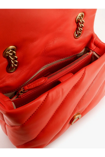 Vibrant red Pinko womens matelassé leather shoulder bag with quilted design and gold-tone chain hardware