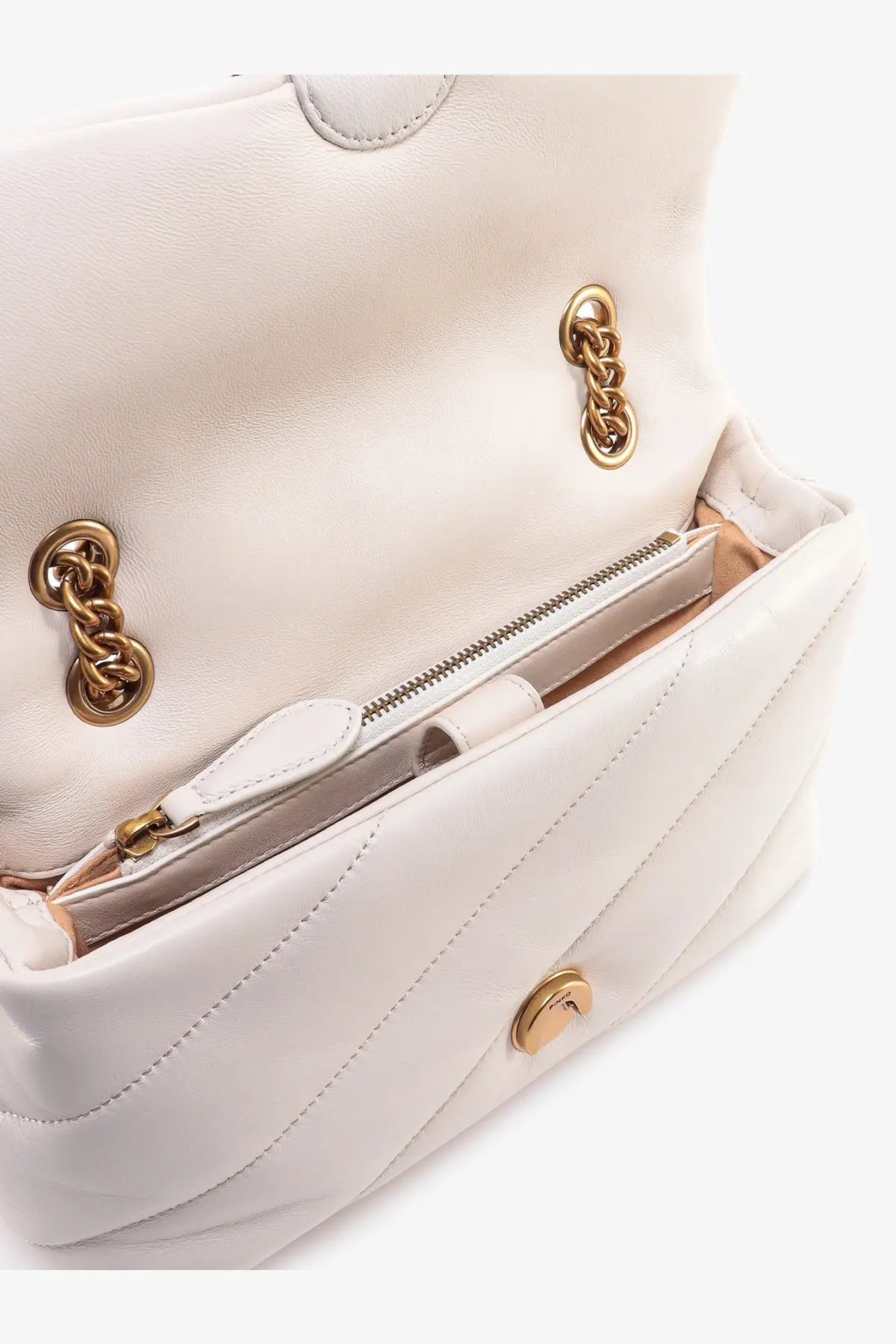 Cream-colored quilted leather shoulder bag by Pinko with gold-tone chain hardware and zipper details in white shade