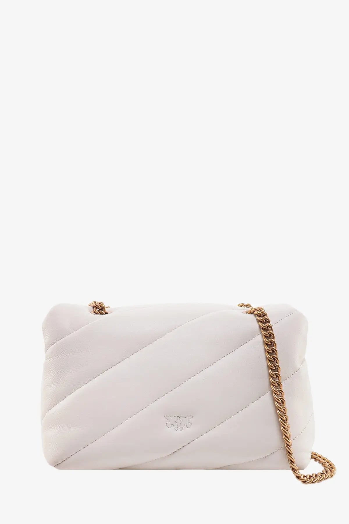 Pinko women’s matelassé white quilted leather crossbody bag with gold-tone chain strap and subtle logo emblem