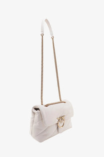 Pinko women’s matelassé white leather shoulder bag with quilted design gold chain strap and heart-shaped clasp