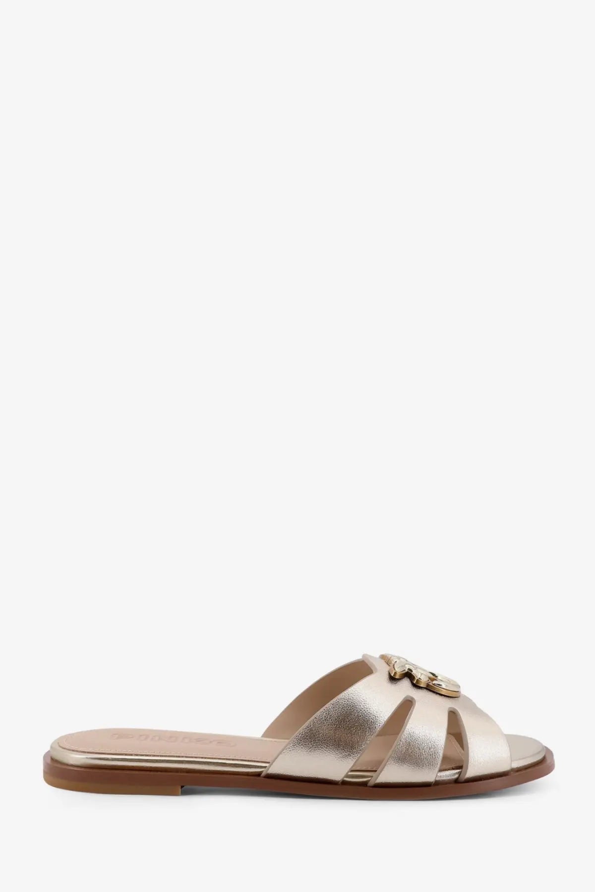 Gold metallic leather slide sandal with decorative buckle accent from pinko womens milly leather sandals silver collection