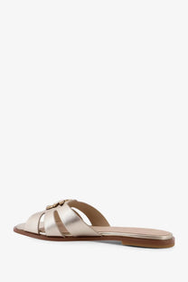 Pinko women’s milly gold metallic leather slide sandal with sleek minimalist design and small logo accent on strap
